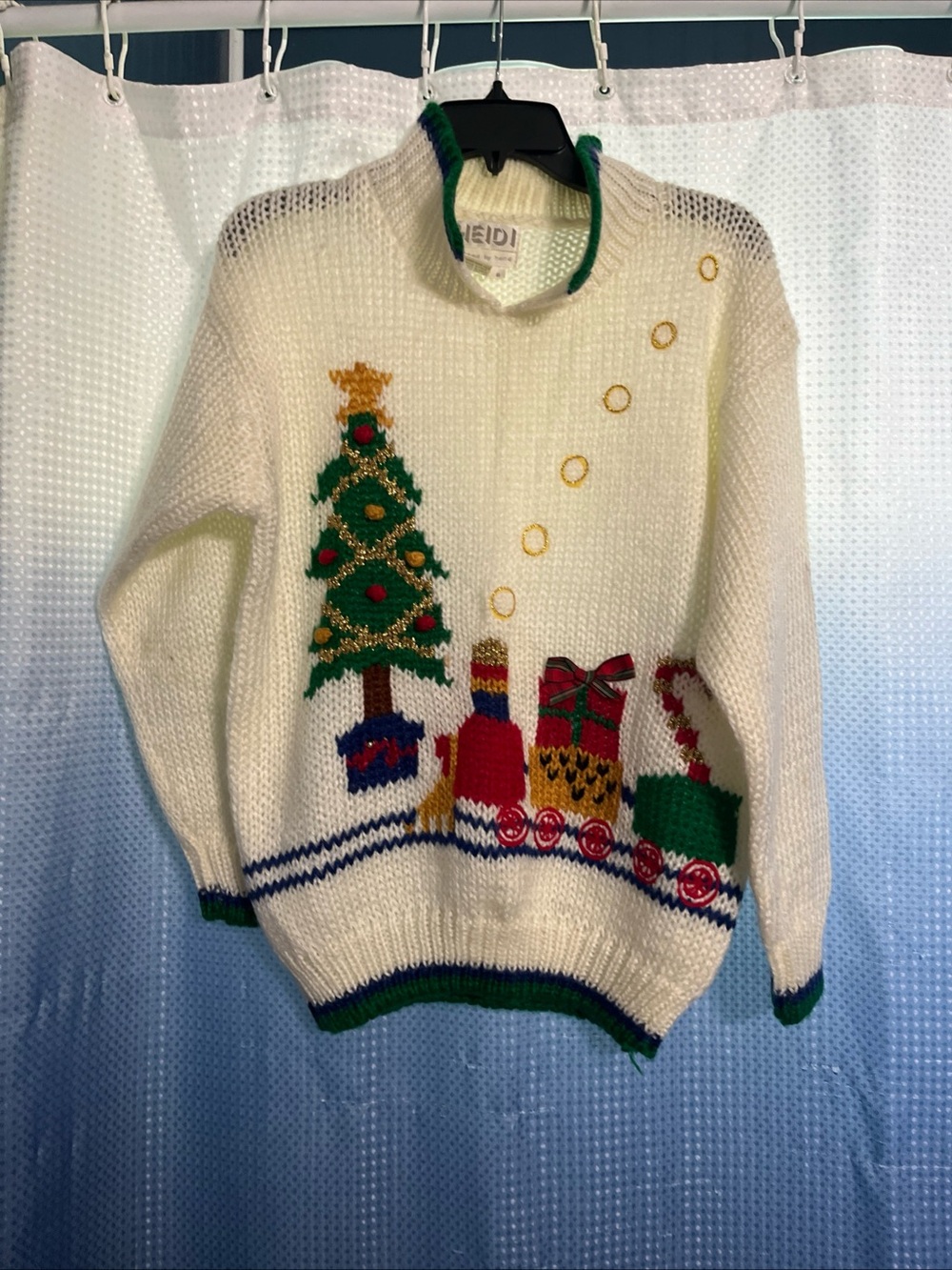 Holiday Cream Knit Turtleneck Sweater with Christmas Tree & Train Motif Ugly